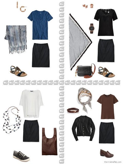 four ways to wear a black skirt from a travel capsule wardrobe