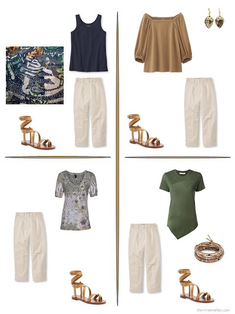 four ways to style a pair of beige cropped pants in a travel capsule wardrobe