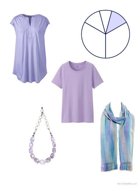 two accent garments in lavender, along with an amethyst necklace and a pastel scarf