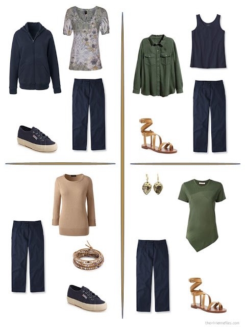 four ways to style a pair of navy cropped pants from a travel capsule wardrobe