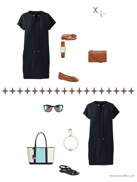 2 ways to accessorize a casual black dress in hot weather