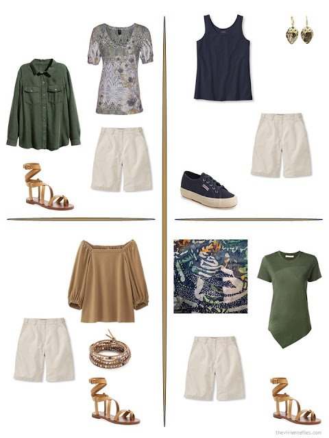 four ways to style a pair of beige shorts from a travel capsule wardrobe