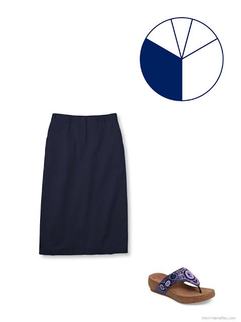 navy skirt and purple beaded sandals to add to a 13-piece travel capsule wardrobe for warm weather