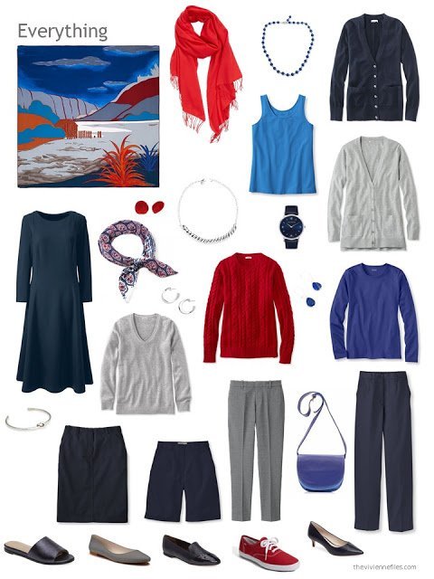 an 11-piece capsule wardrobe in navy, grey, red and shades of blue