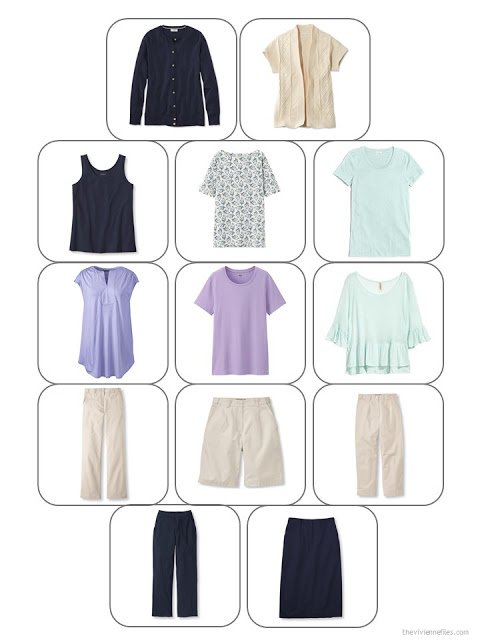 13-piece wardrobe template with a summer travel capsule wardrobe in navy, beige, lavender and aqua