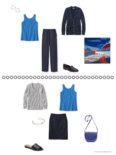 how to wear a bright blue tank top with navy and grey