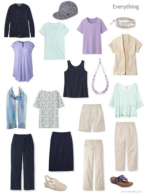 travel capsule wardrobe in navy, beige, mint and lavender for warm weather