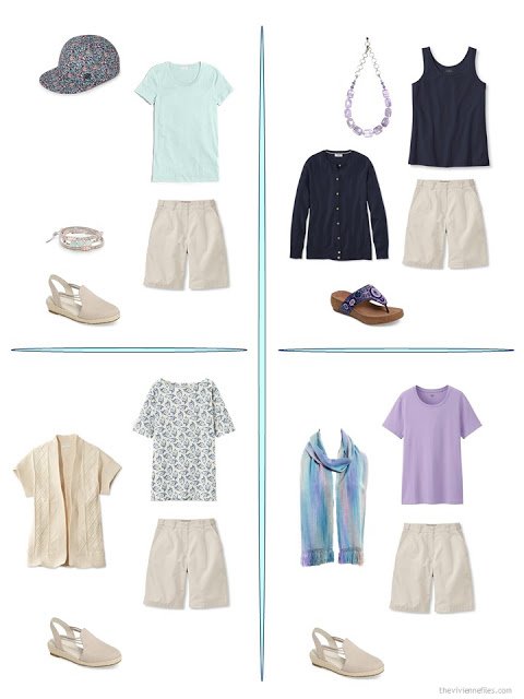 four ways to wear beige shorts from a travel capsule wardrobe