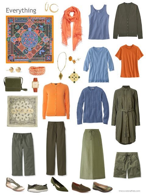 an 11-piece capsule wardrobe in olive with orange and blue