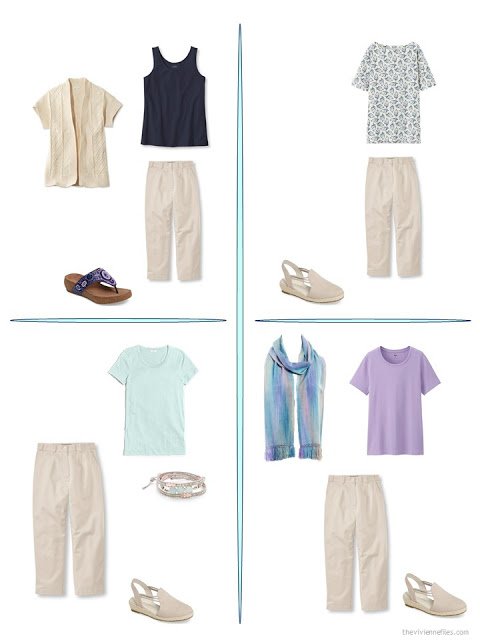 four ways to wear beige cropped pants from a travel capsule wardrobe