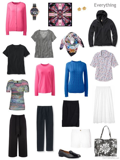 13-piece travel capsule wardrobe in black, white, hot pink and blue