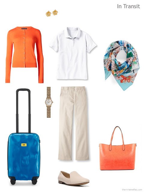 travel outfit in beige, white and orange