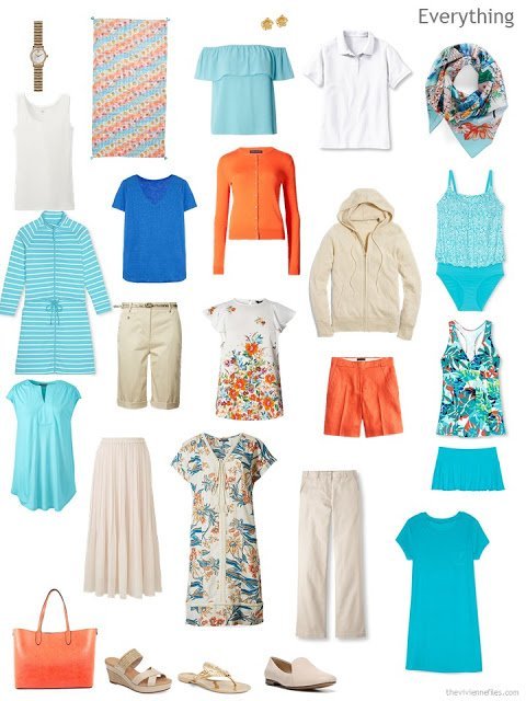 travel capsule wardrobe in beige, white, aqua, blue and orange, for warm weather