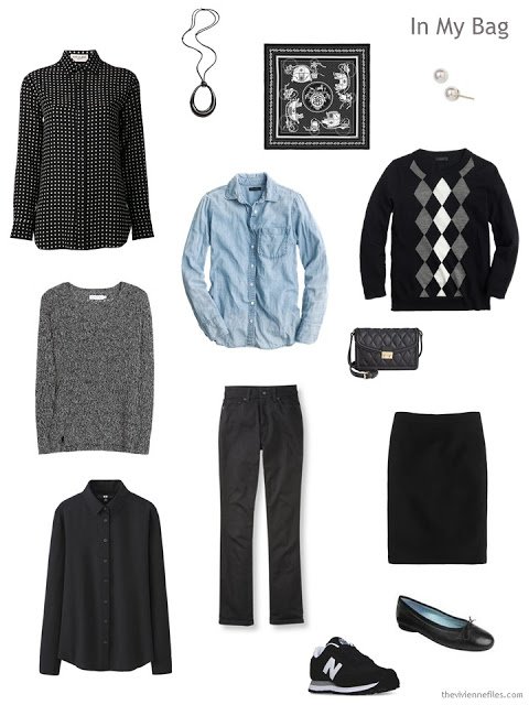 travel capsule wardrobe in black, white, and denim