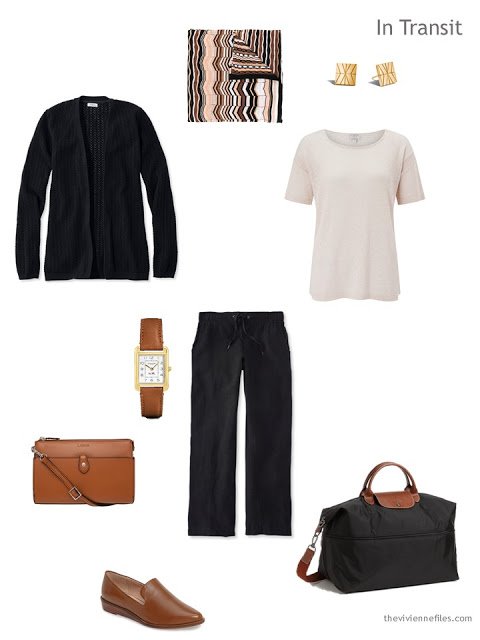 warm weather travel outfit in black and beige with brown accents
