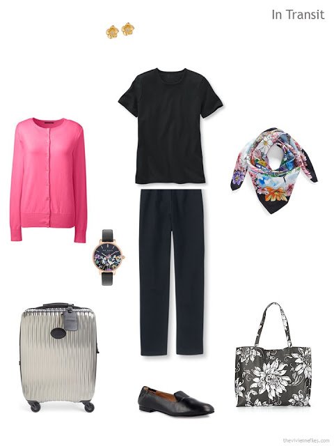travel outfit in black and hot pink