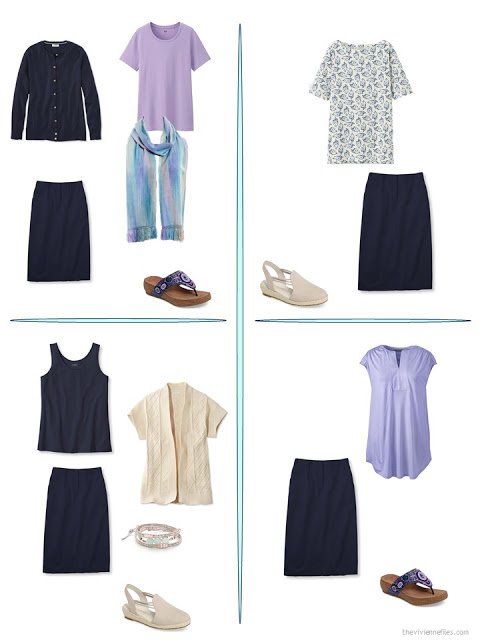 four ways to wear a navy skirt from a travel capsule wardrobe