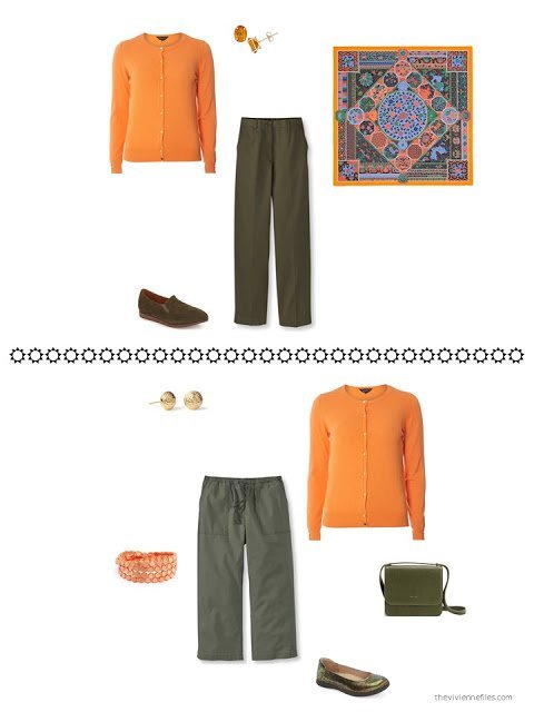 How to style an orange cardigan with olive green