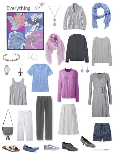 an 11-piece capsule wardrobe in shades of grey, with blue and orchid