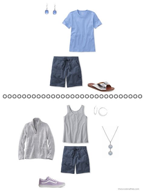 two outfits based on navy shorts