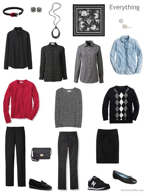 10-piece travel wardrobe in black, white, red, and denim.