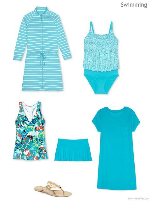 A swimwear wardrobe cluster in aqua and white