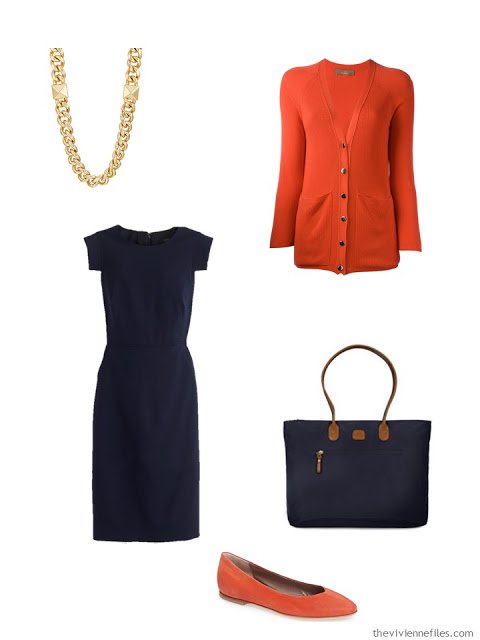 navy dress with orange cardigan and flats