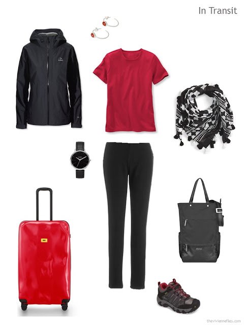 travel outfit in black and red