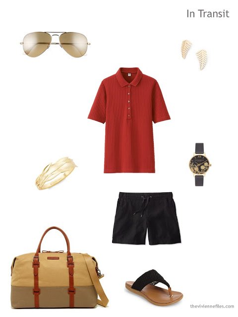 casual warm-weather travel outfit in black and rust