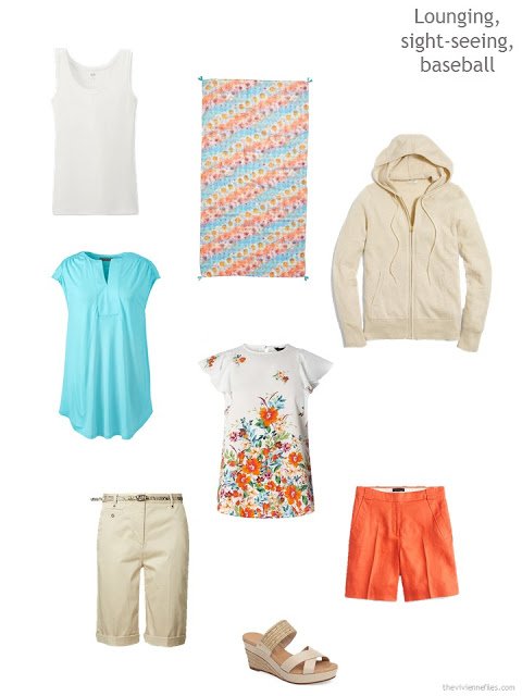 a warm weather leisure wardrobe cluster in tan, white, aqua and orange