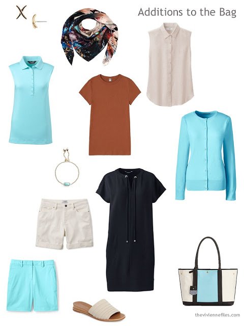 items to pack for warm weather in aqua, brown, beige and black