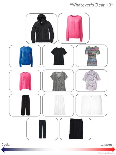 a black, white, hot pink and blue travel capsule wardrobe in the Whatever's Clean 13 template