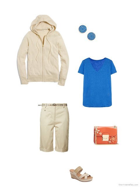 accessorizing a pair of beige shorts with a blue tee shirt