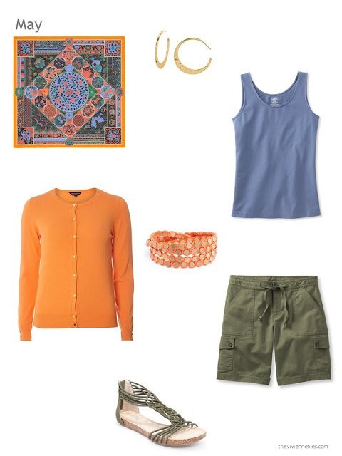 how to wear orange, denim blue and olive green in warm weather