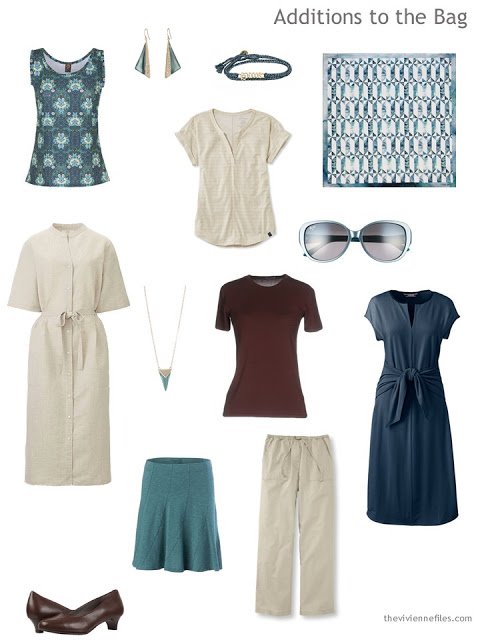 Things to add for a warm-weather travel capsule in beige, navy and teal