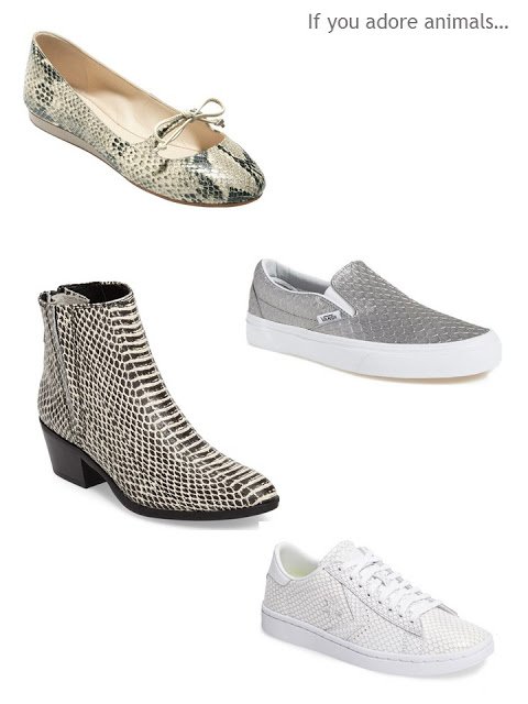 a four-pair shoe wardrobe in snakeskin