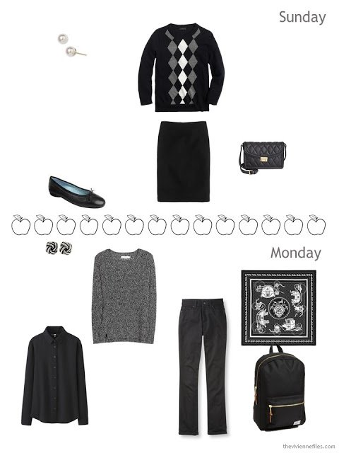 two transitional weather outfits for travel in black and white