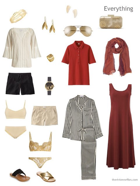 warm weather travel capsule wardrobe in black, ivory, gold and rust