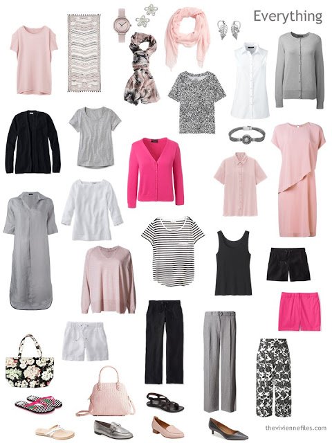 20-piece warm weather wardrobe in black, white, grey and pink