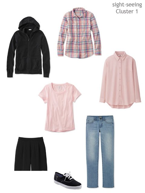 cluster of clothing in black, denim and pink for sight-seeing