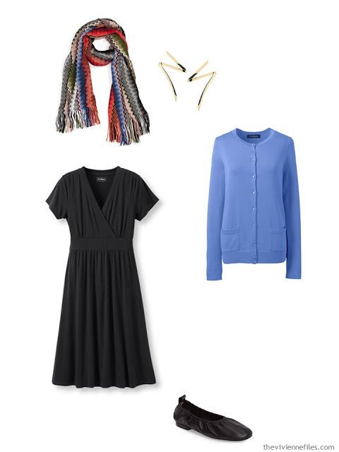 black dress with blue cardigan and Missoni scarf