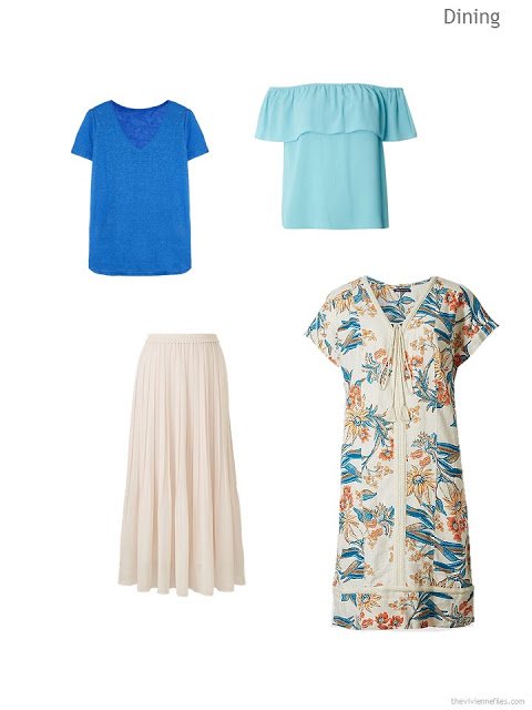 a dressy warm-weather wardrobe cluster in tan, aqua and blue