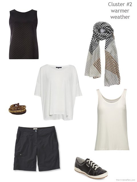 a travel wardrobe cluster for warmer weather, in black and ivory