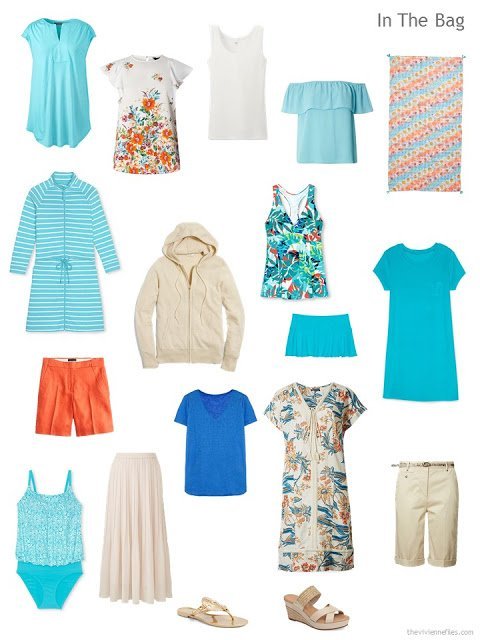 what to pack for a warm-weather trip to the Florida Gulf coast, in beige, aqua, blue and orange