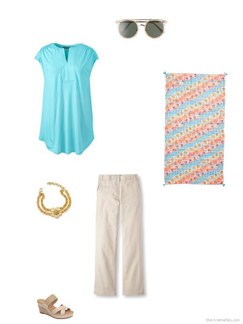 accessories for an aqua tunic and beige pants