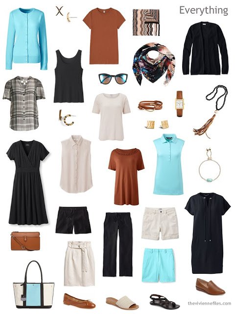 a 16-piece summer wardrobe in black, beige, brown and aqua