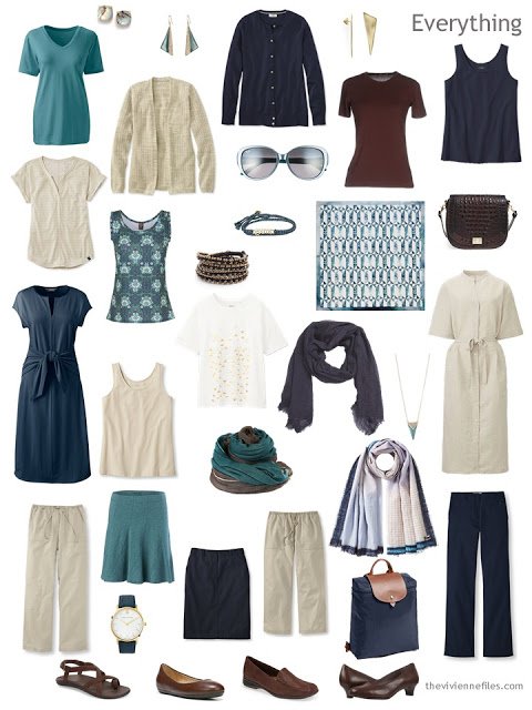 a sixteen-piece summer travel capsule wardrobe in navy, beige, teal and brown