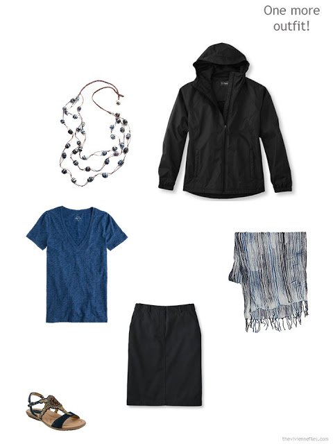 warm weather travel outfit in black and blue