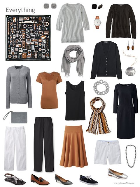 an 11-piece capsule wardrobe in black, grey, white and whiskey brown
