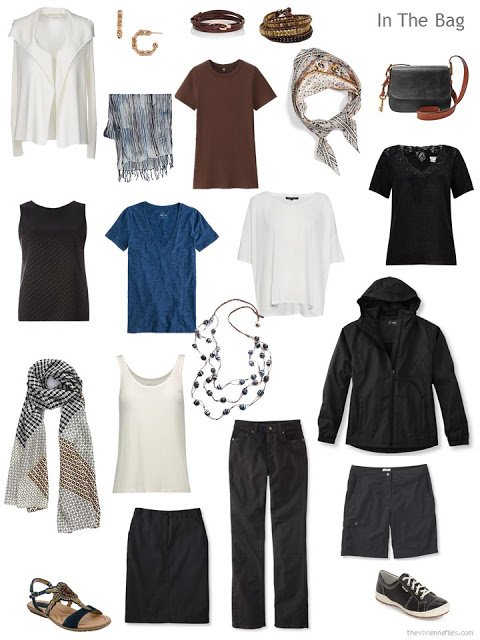 an 11-piece travel capsule wardrobe in black, brown, blue and ivory